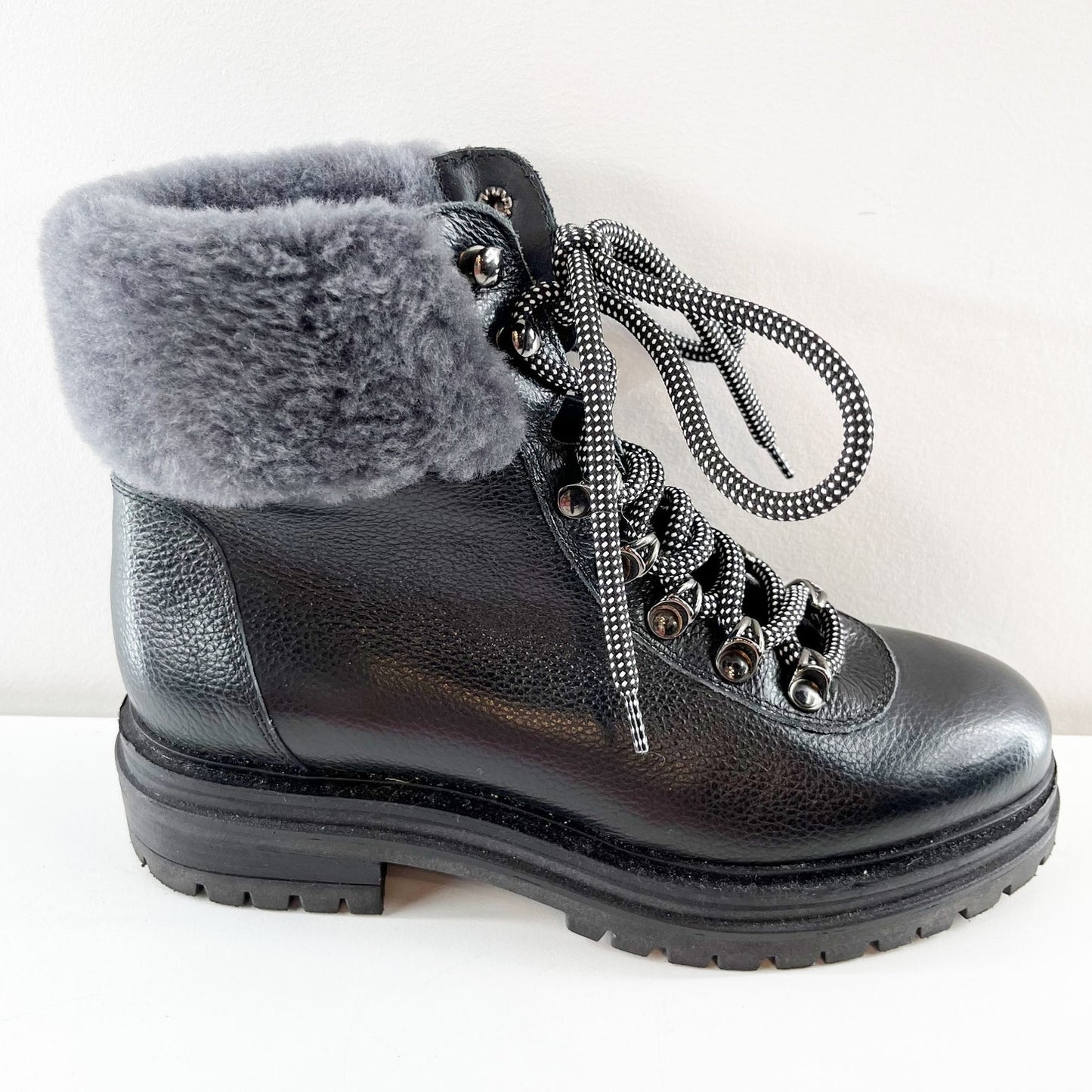 M Gemi Alpi Lace Up Ankle Combat Boots Shearling Faux Fur Trim Black 7.5