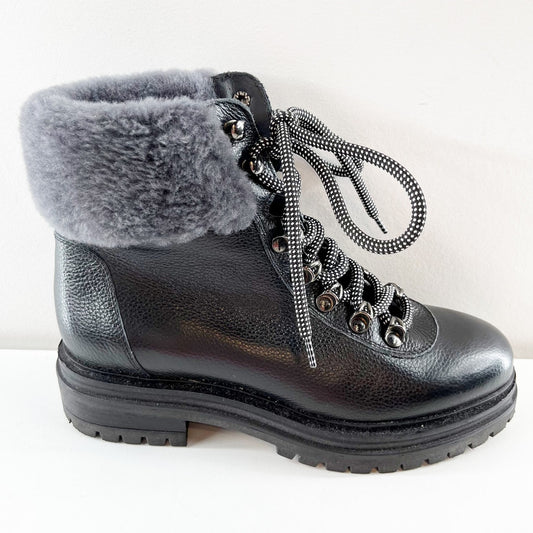 M Gemi Alpi Lace Up Ankle Combat Boots Shearling Faux Fur Trim Black 7.5