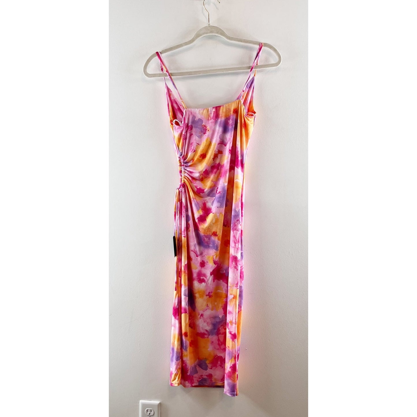 Lulus Vibrant Babe Floral Cutout Drawstring Midi Dress Pink Purple Orange Medium
