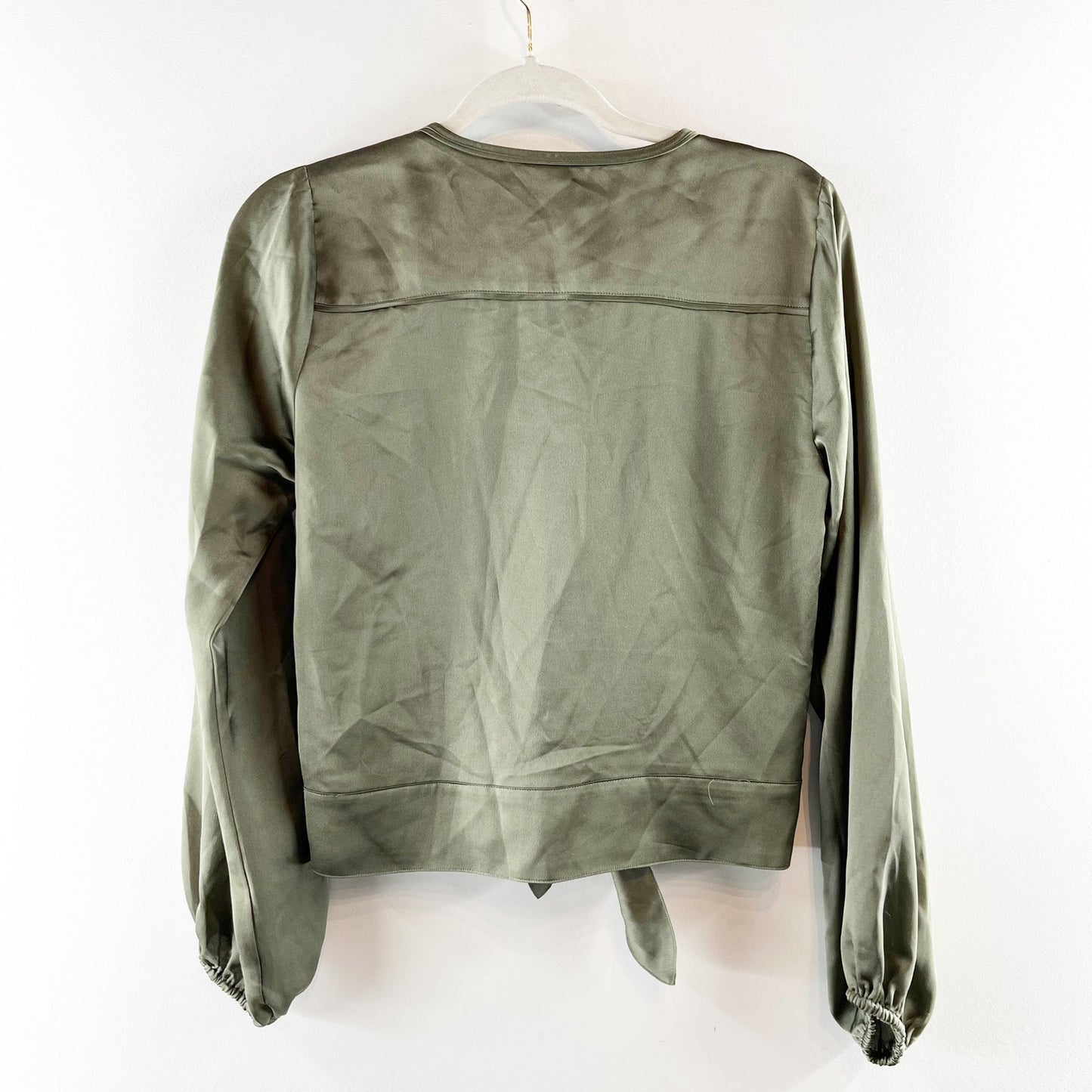 Abercrombie & Fitch Satin Long Sleeve Button Up Tie Front Top Olive Green Small