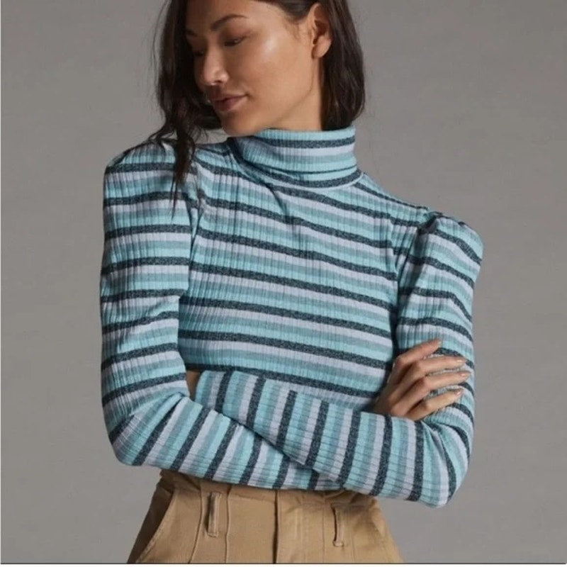 Maeve Anthropologie Puff Long Sleeve Striped Turtleneck Top Blue Medium