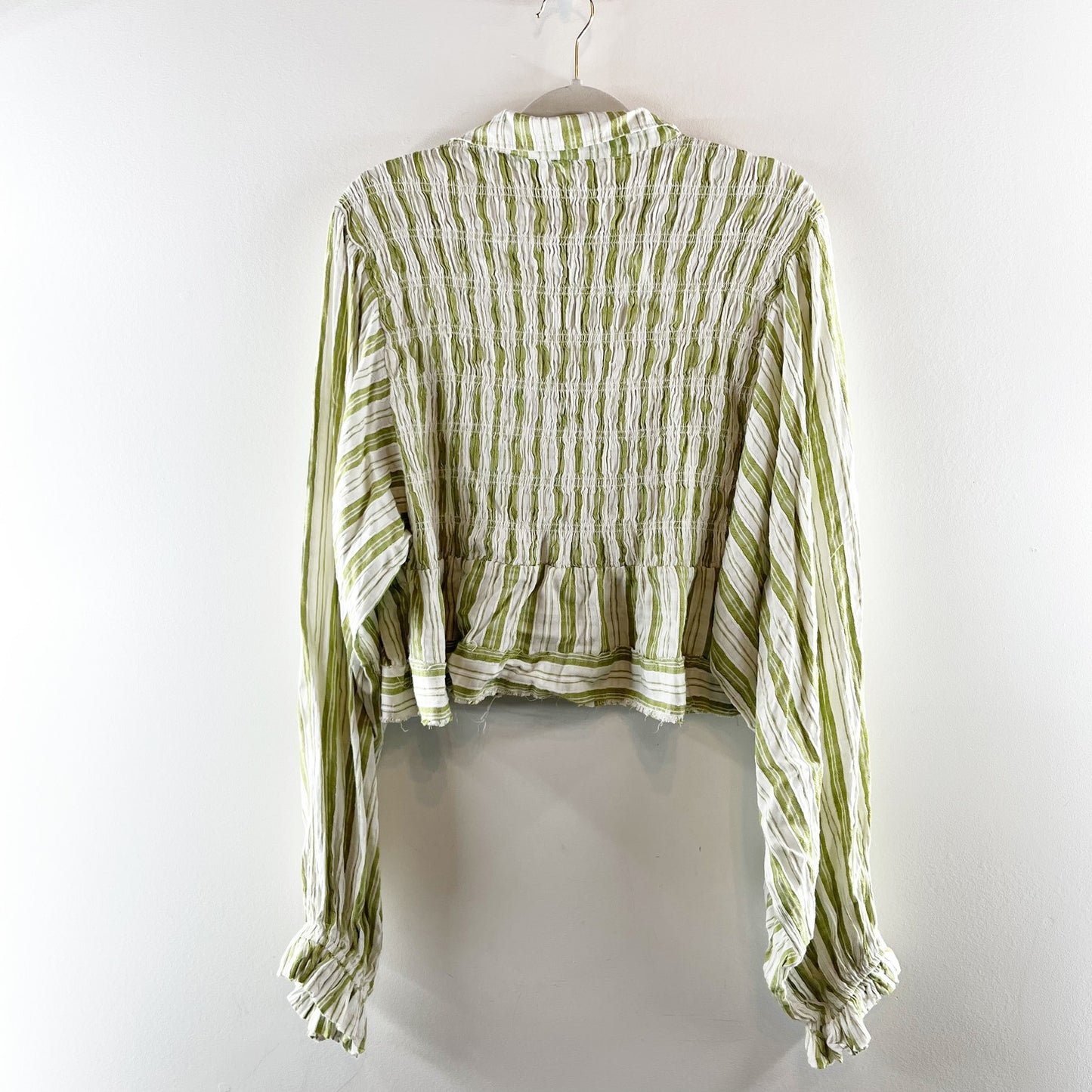 Anthropologie Long Balloon Sleeve Scoop Neck Collared Blouse Green White Small