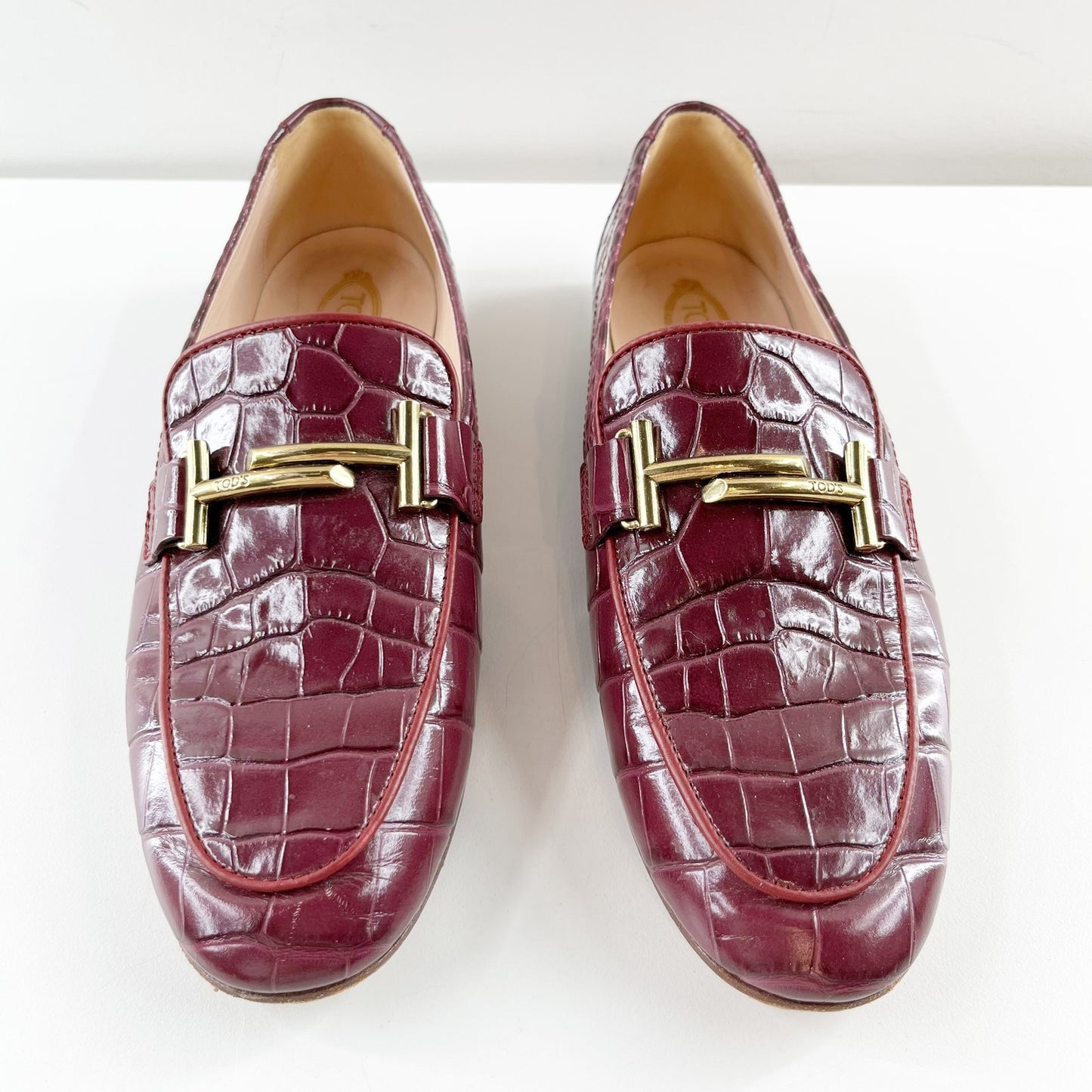 Tod's Kate Croc Embossed Leather Loafer Shoes Rosso Primitivo Maroon Red 38