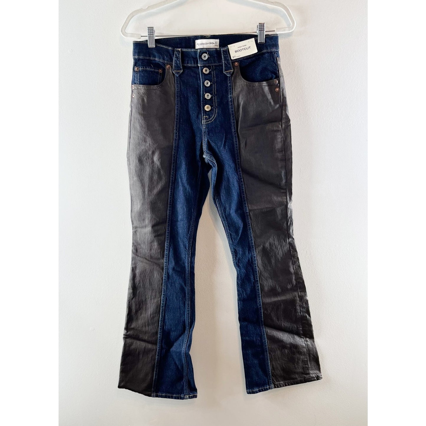 Abercrombie x Kemo Sabe High Rise Bootcut Faux Leather Two Tone Jeans Blue Brown