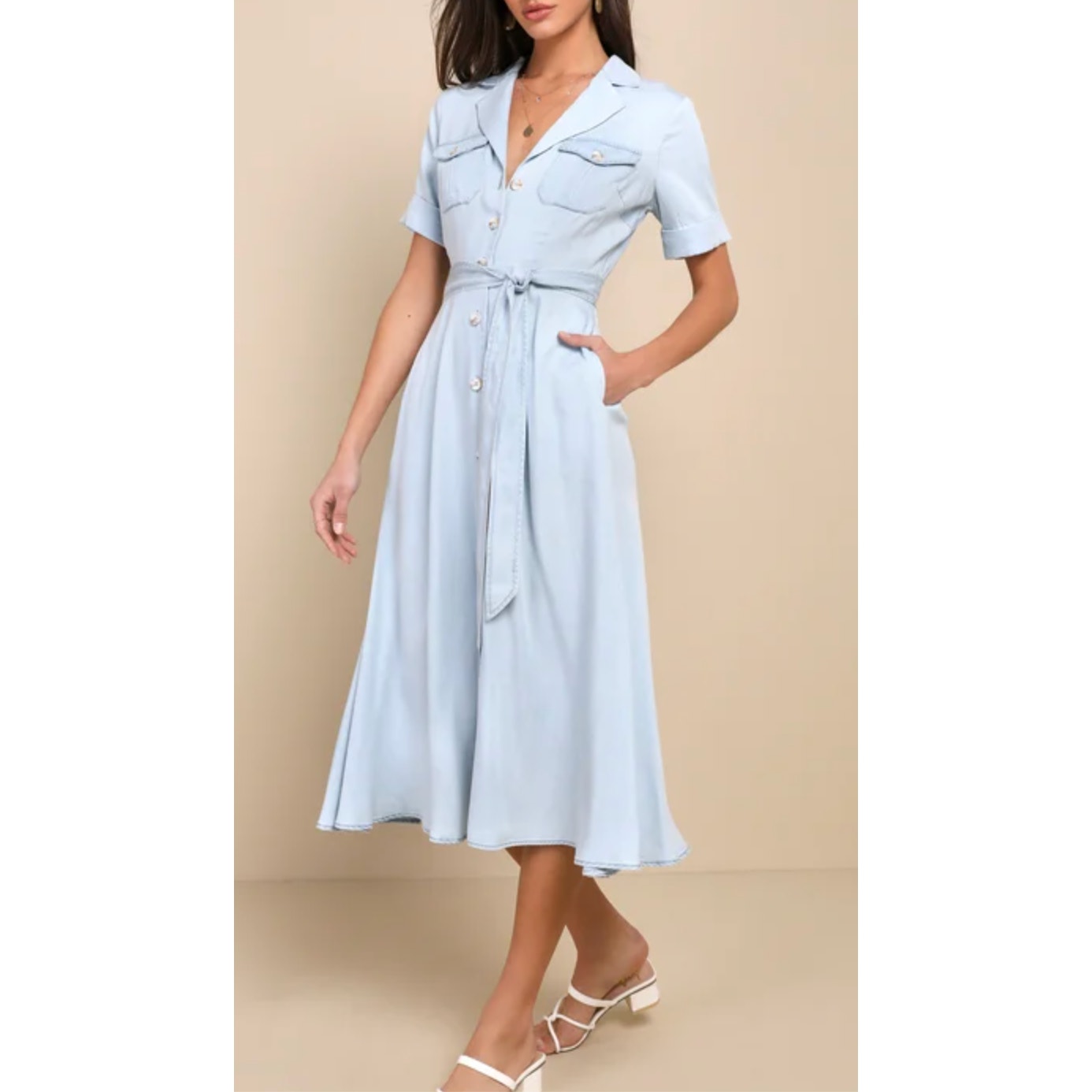 Lulus Pleasant Cutie Chambray Collared Midi Dress With Pockets Blue Medium