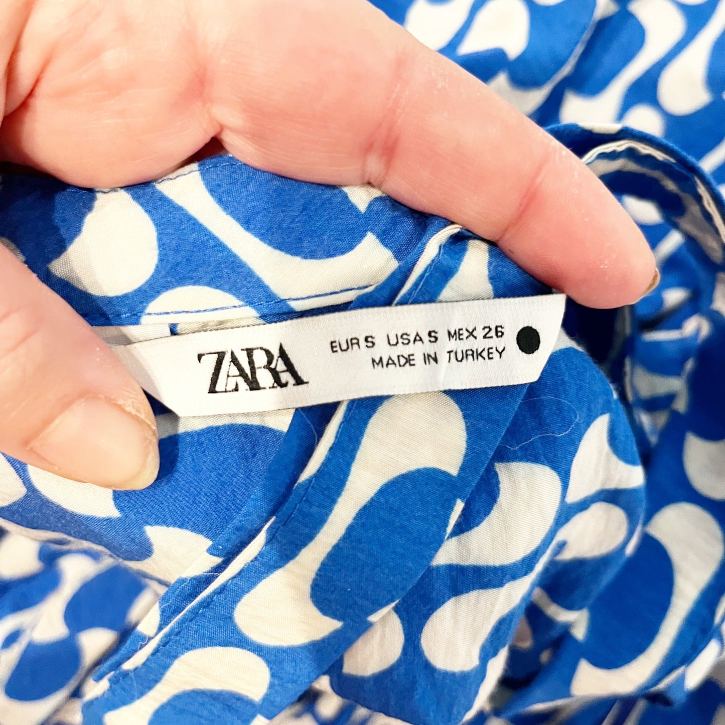 ZARA The Paula Long Sleeve Mini Printed Tie Waist Dress Blue White Small