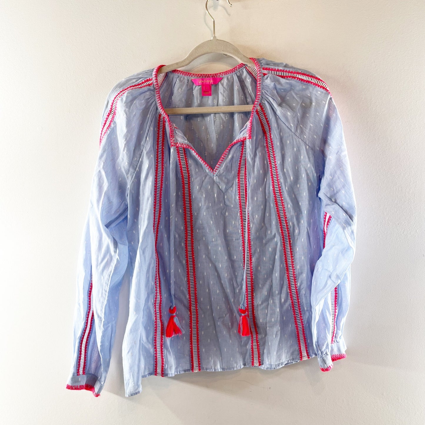 Lilly Pulitzer Mardi Chambray Long Sleeve Tunic Blouse Top Blue Pink Small