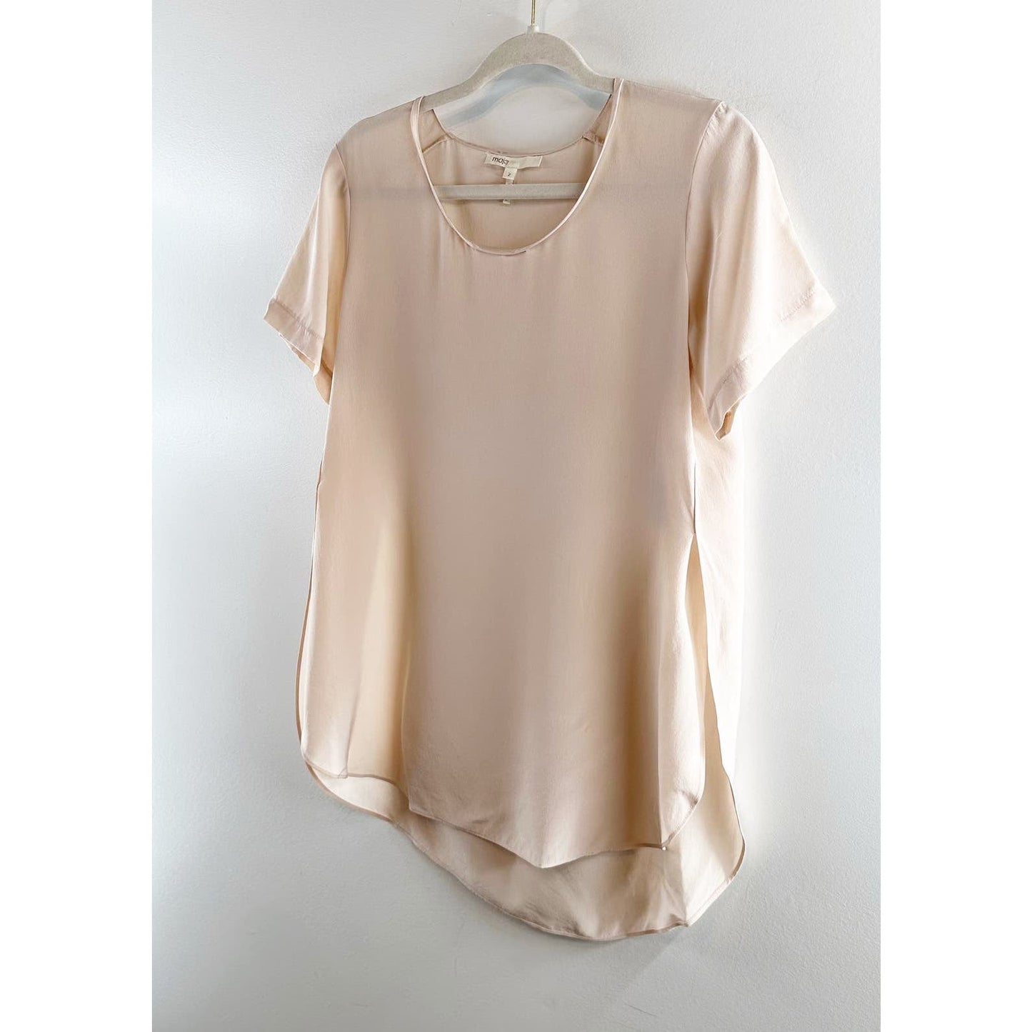 Maje 100% Silk Short Sleeve Split Slit Hem Blouse Shirt Top Pink 2