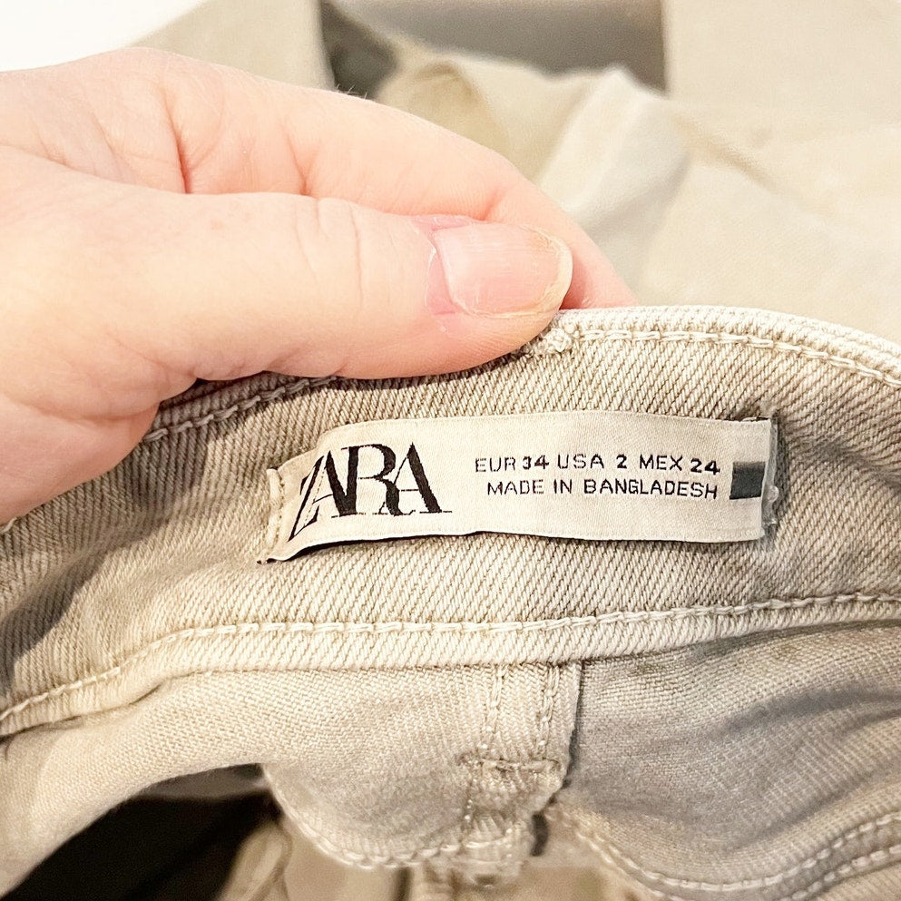 ZARA High Rise Cropped Button Fly Raw Hem Kick Flare Jeans Sage Green 2