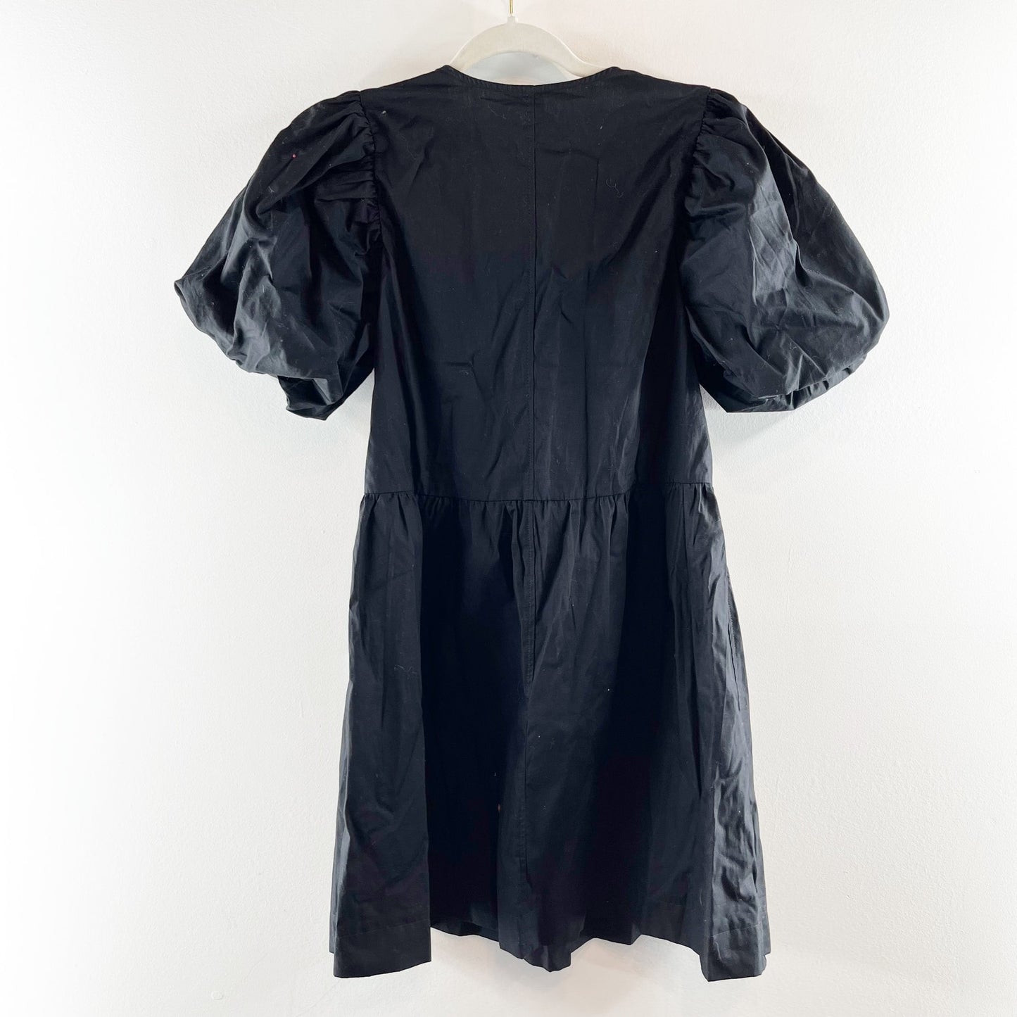 H&M Tie-Front Puff-Sleeved Mini Babydoll Poplin Dress Black XS