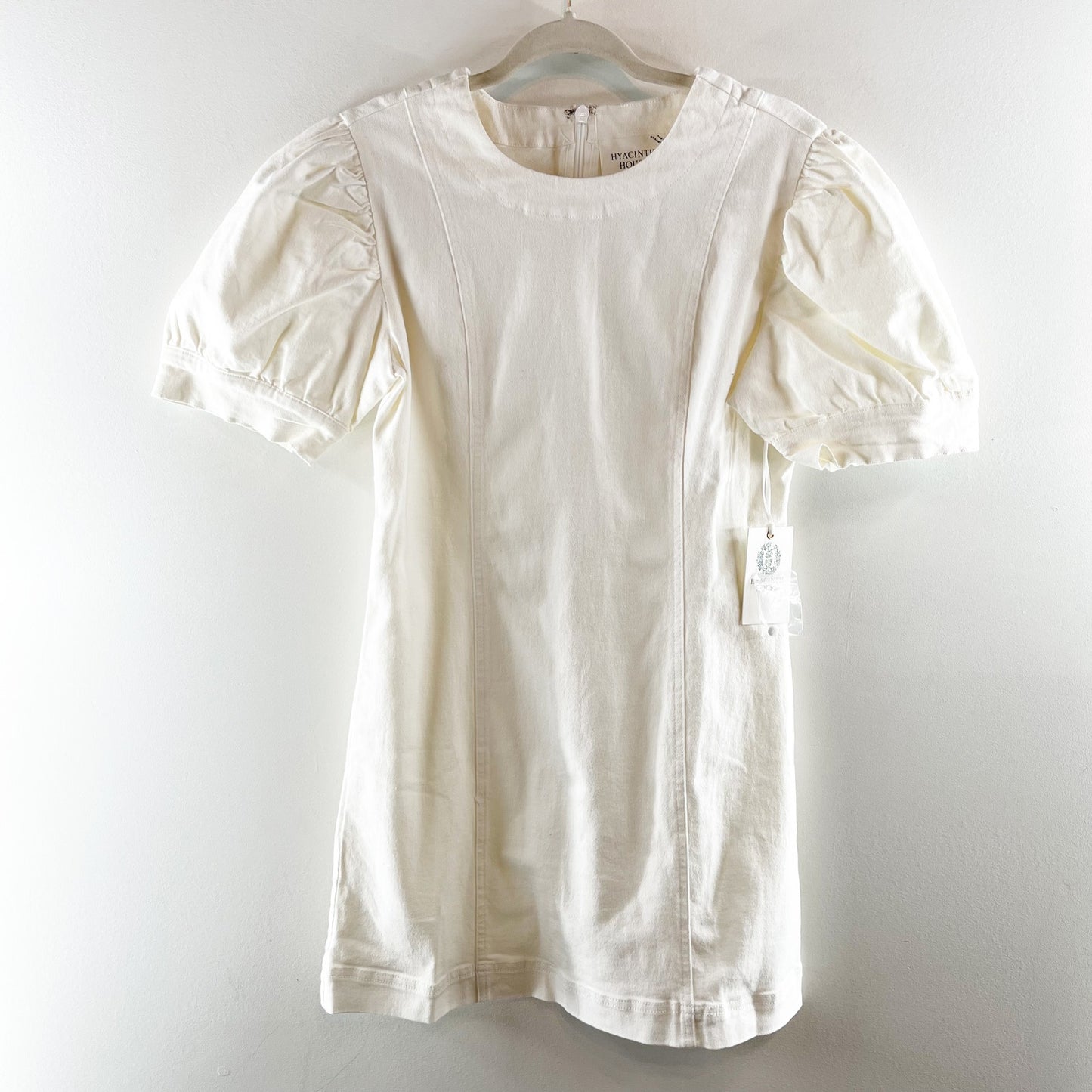 Hyacinth House Stretch Denim Puff Sleeve Juniper Mini Shift Dress White Medium