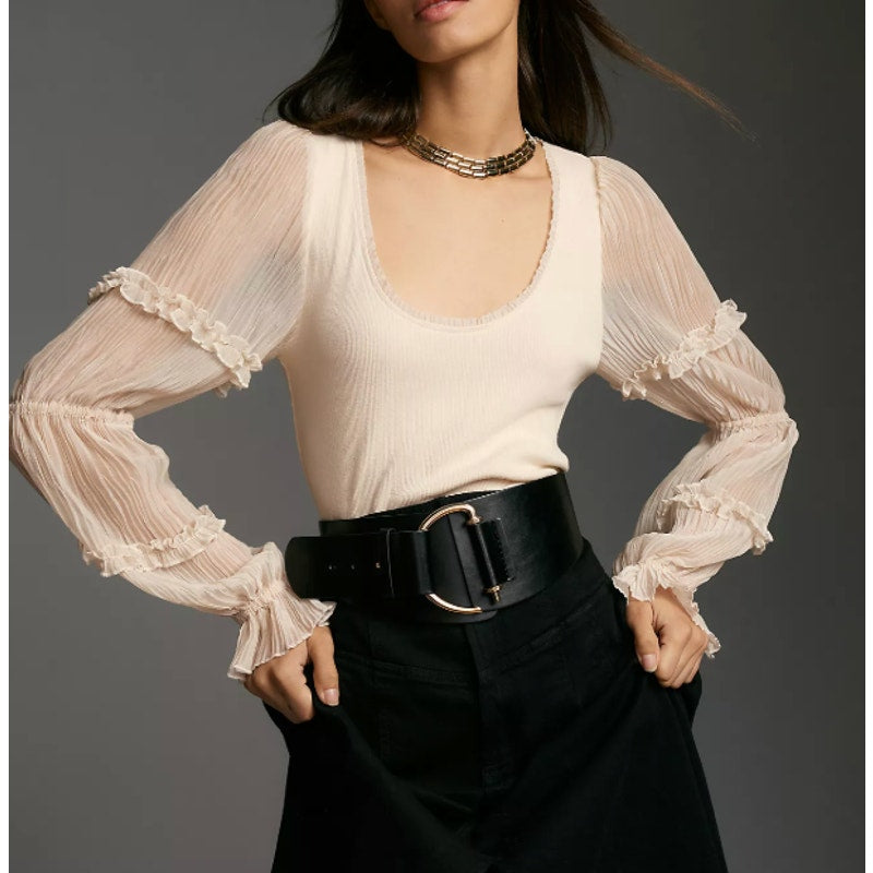 Anthropologie Long-Sleeve Victorian Ruffled Top Blouse Ivory Cream Small