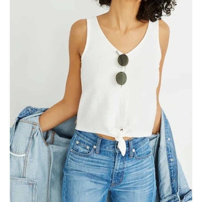 Madewell Texture and Thread Tie Front Sleeveless V Neck Tank Top White XS