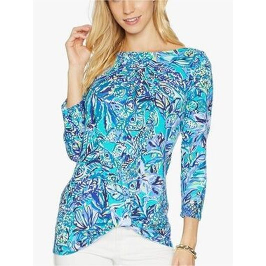 Lilly Pulitzer 3/4 Sleeve Printed Pima Cotton Tee Shirt Top Blue Large