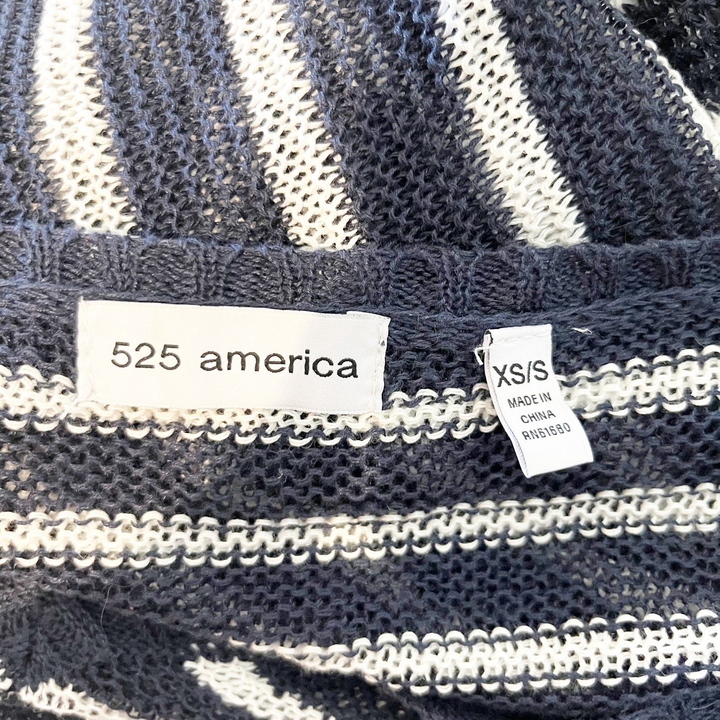 525 America Linen Striped Fringe Trim Poncho Sweater Navy Blue White XS / S