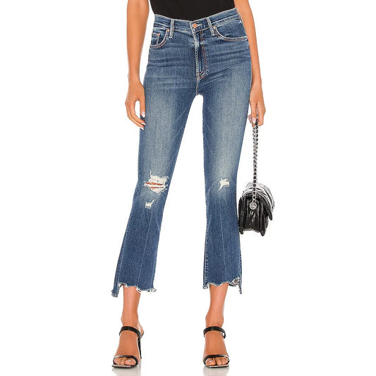 Mother The Insider Crop Step Chew Denim Flare Jeans Dancing On Coals Blue 27