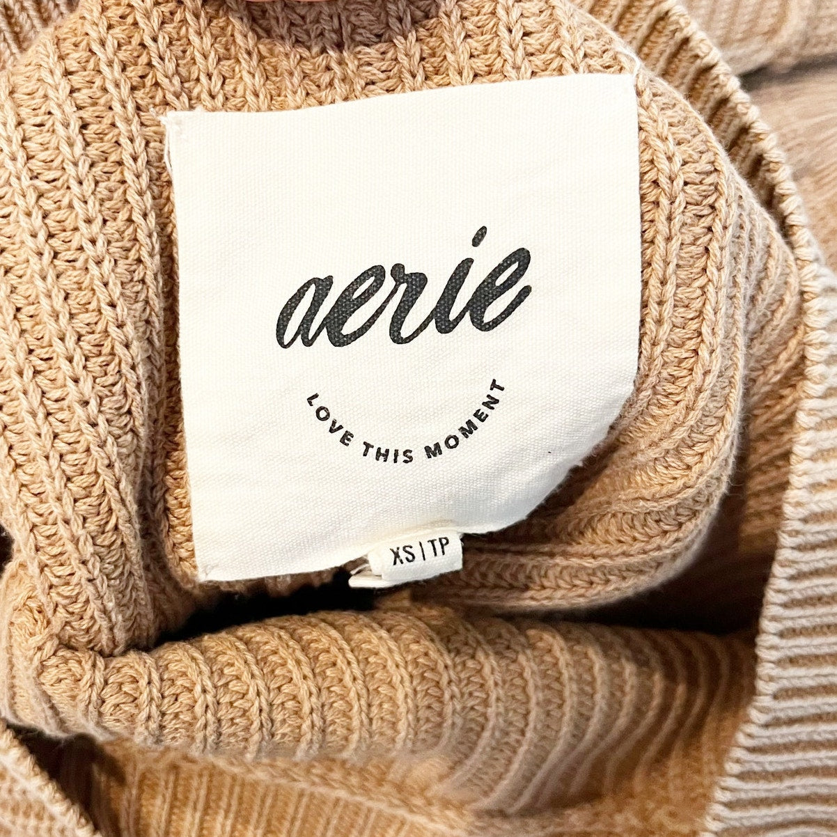 Aerie Crewneck Long Sleeve Ribbed Oversized Sweater Tan Brown XS