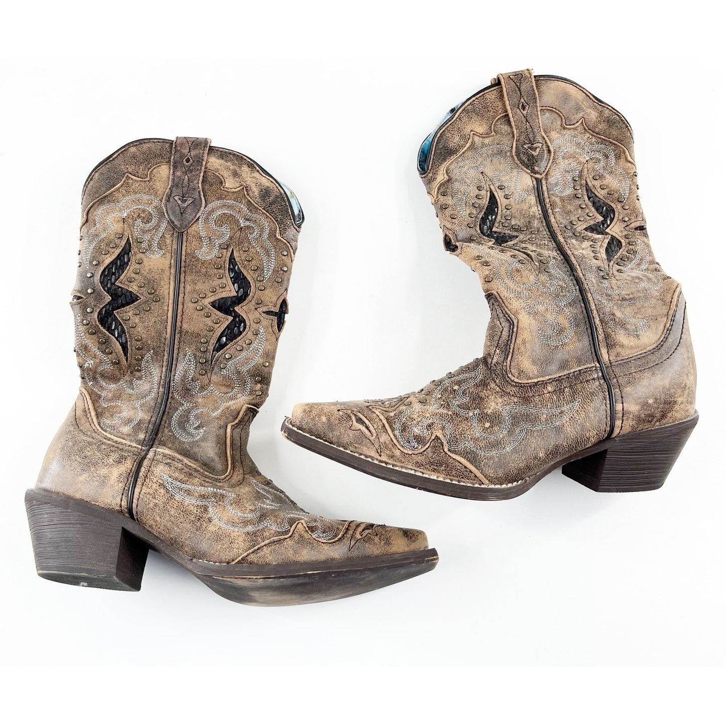 Laredo Lucretia Studded Snake Inlay Snip Toe Western Boots Brown 6.5
