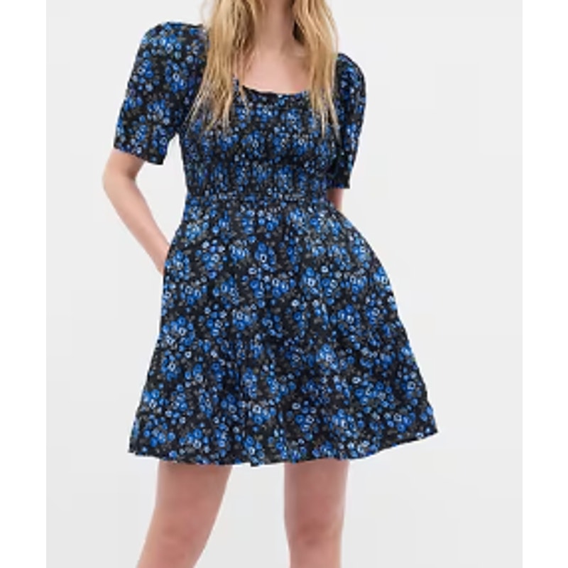 GAP Scoopneck Short Puff Sleeve Floral Smocked Mini Dress Black Blue Small Tall