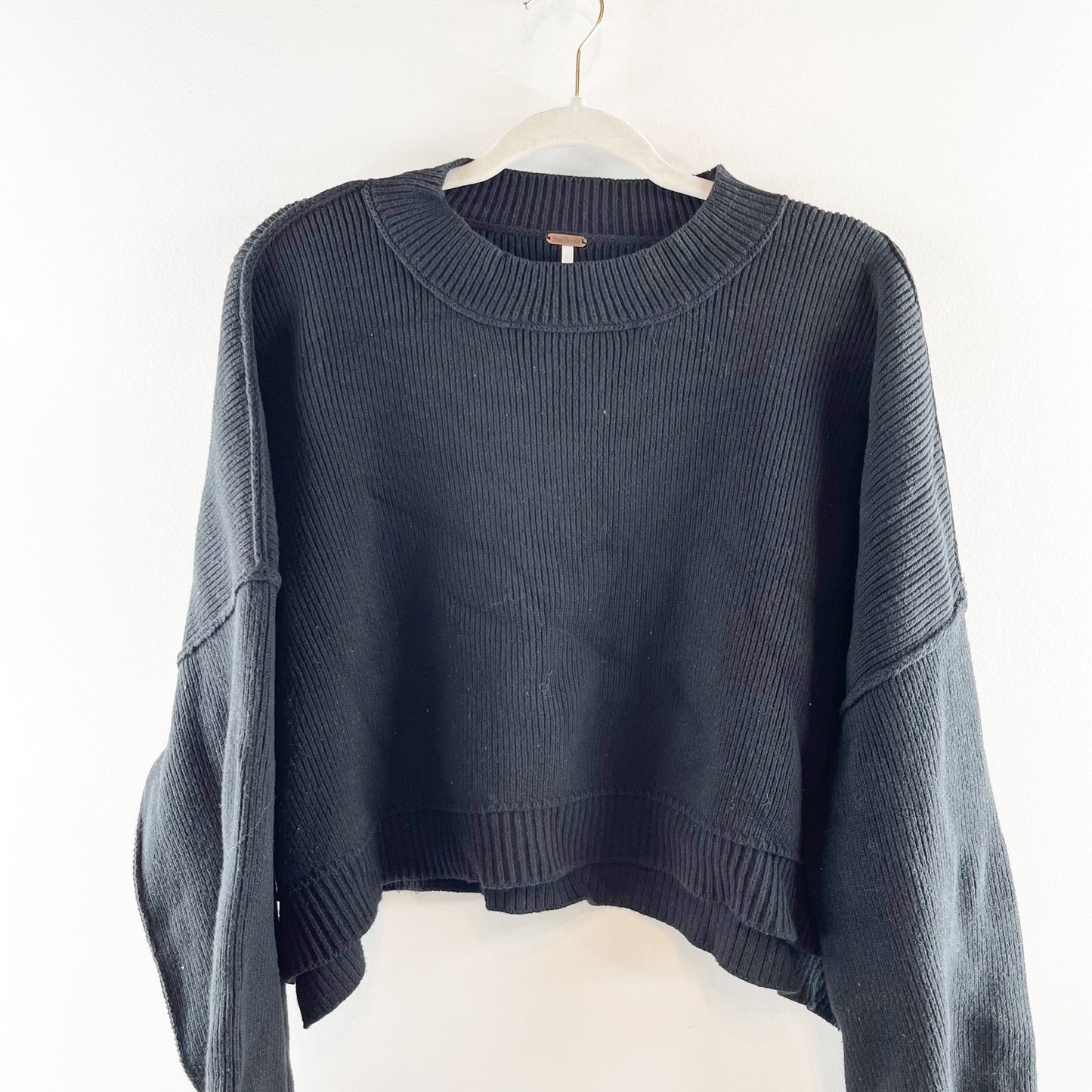 Free People Easy Street Cropped Long Sleeve Sweater Black Large