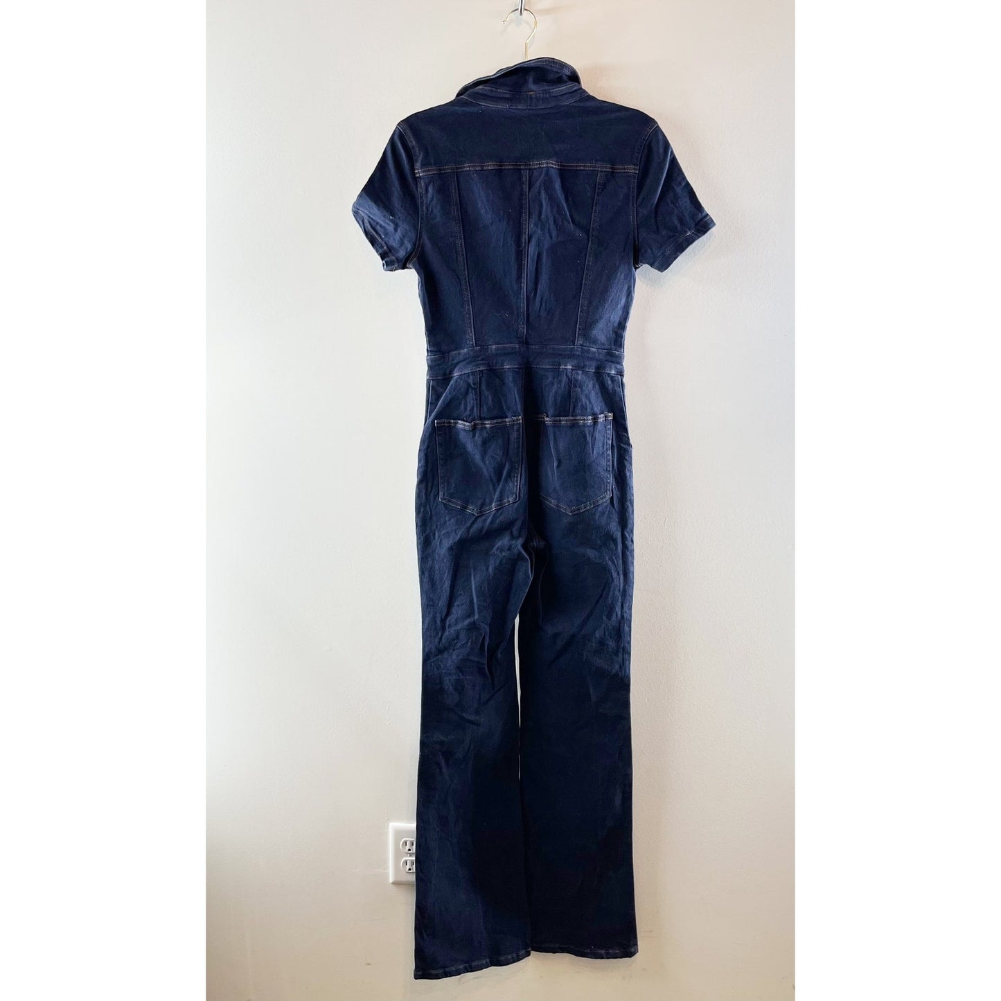 Bobbles & Lace Short Sleeve Utility Flare One Piece Denim Jumpsuit Blue Small