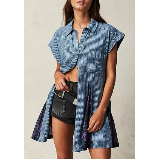 Free People Delilah Short Sleeve Button Up Mini Dress Blue Stripe /xs