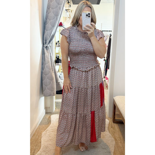 Perry Walker Collective Drop Waist Smocked Patchwork Maxi Dress Red Small