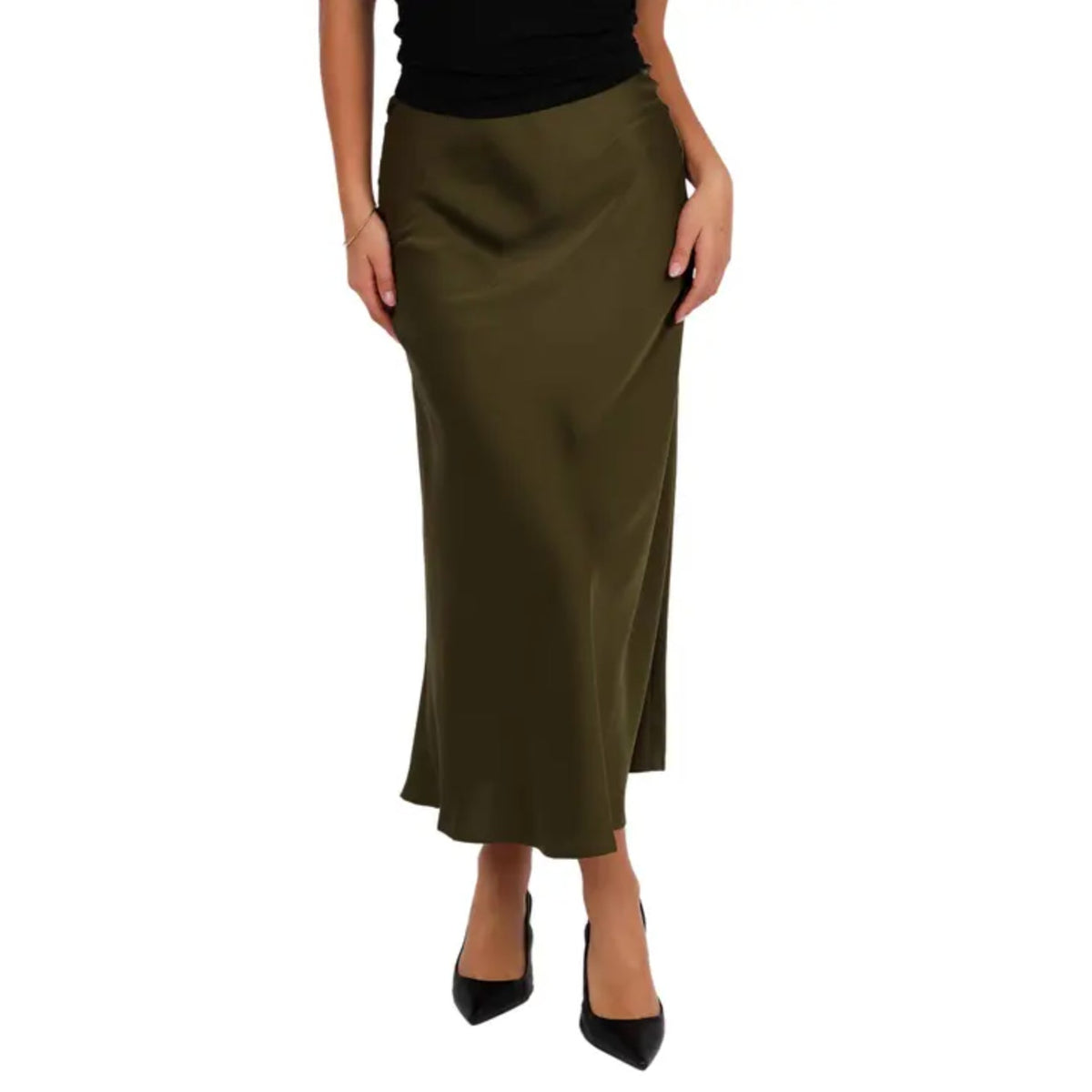 Sanctuary Olive Green Satin Midi Skirt XS