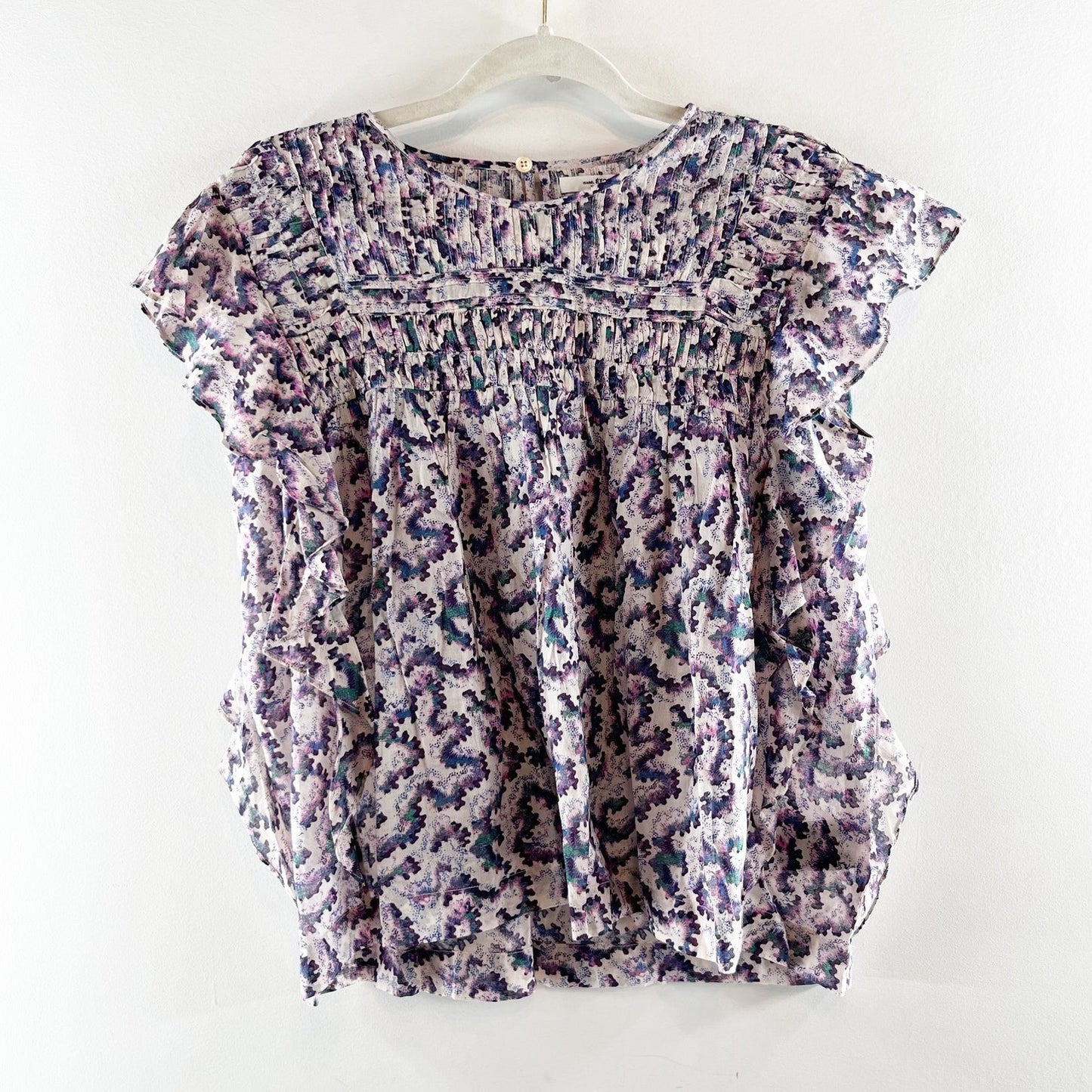 Isabel Marant Étoile Ilayona Flutter Sleeve Blouse Top White Purple EU 36