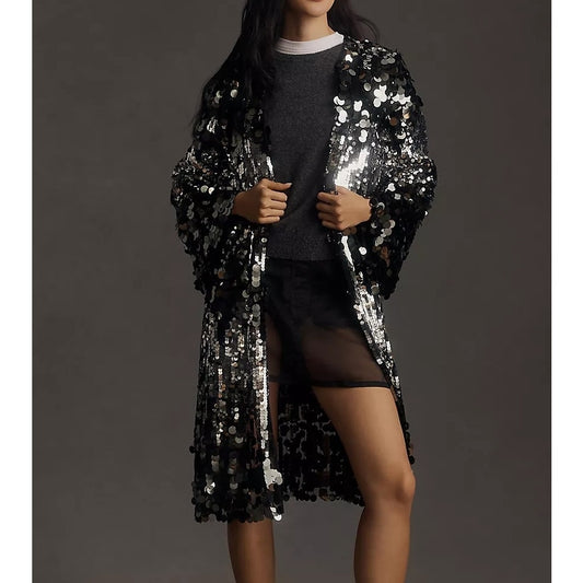 Anthropologie Long Sequin Duster Kimono Cardigan Coat Silver Black One Size
