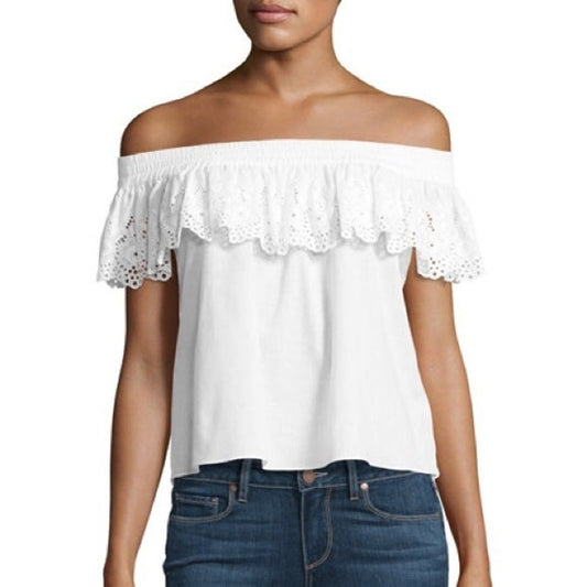 MISA Los Angeles Eyelet Ruffle Off Shoulder Tube Tank Top White XS