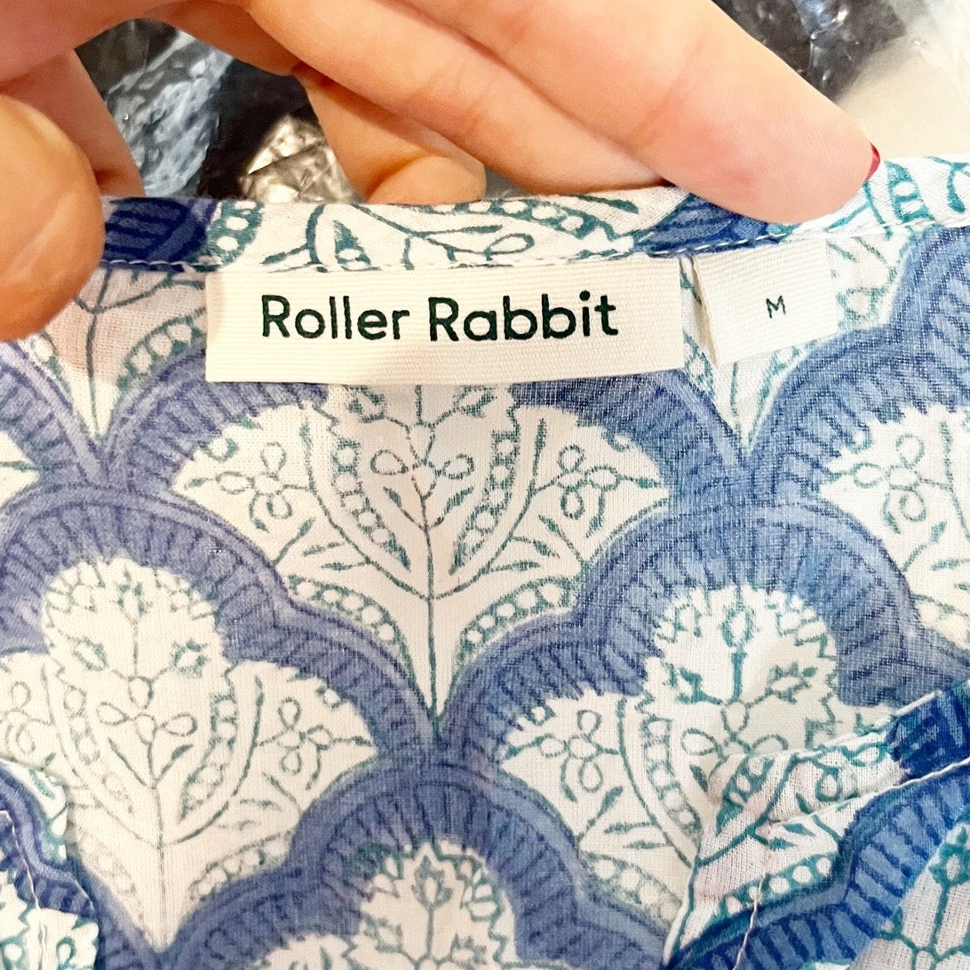 Roller Rabbit Jemina Kurta 3/4 Sleeve Split Neck Tunic Top Blue White Medium