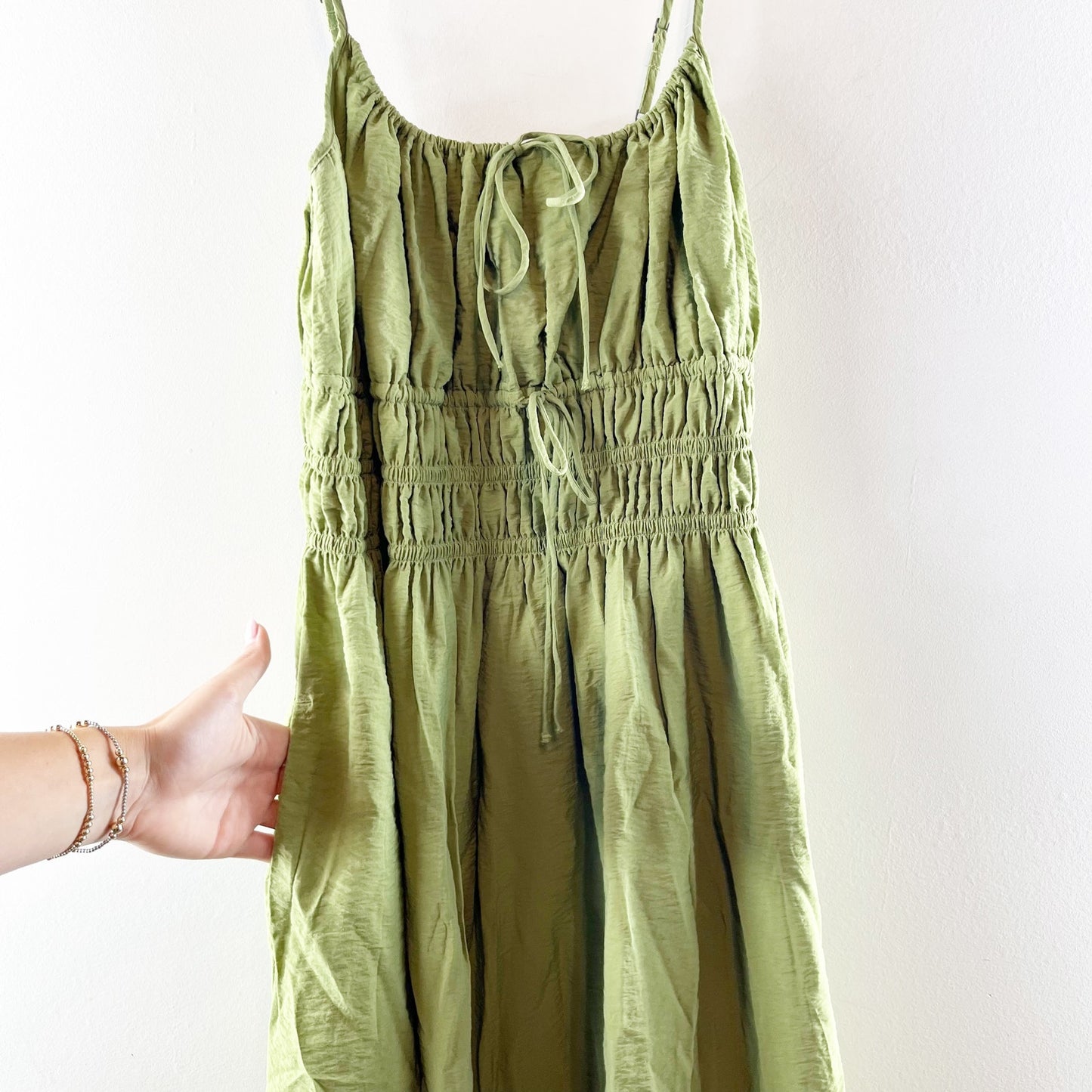 Abercrombie & Fitch Sleeveless Smocked Tie-Front Maxi Dress Bottle Green Large