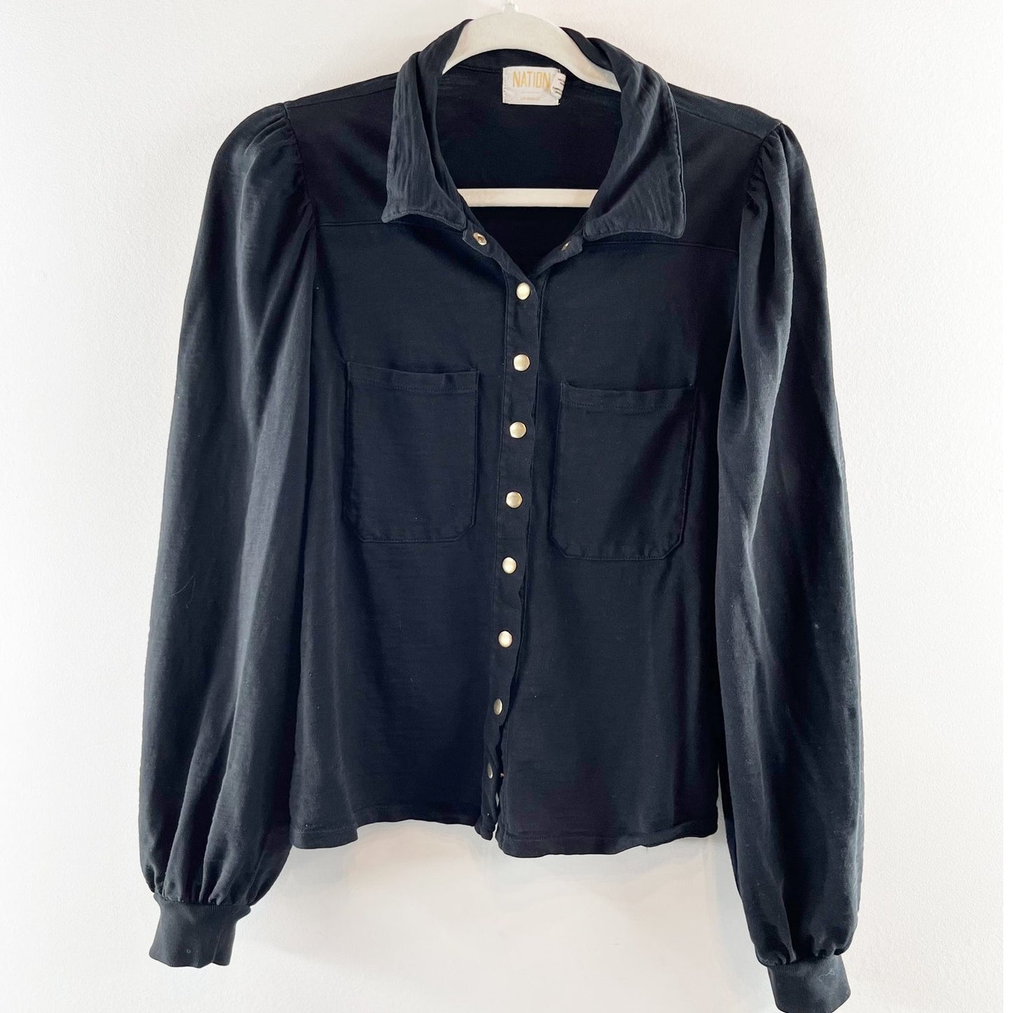 Nation LTD Desta Femme Bishop Sleeve Collared Snap Button Shirt Black Medium
