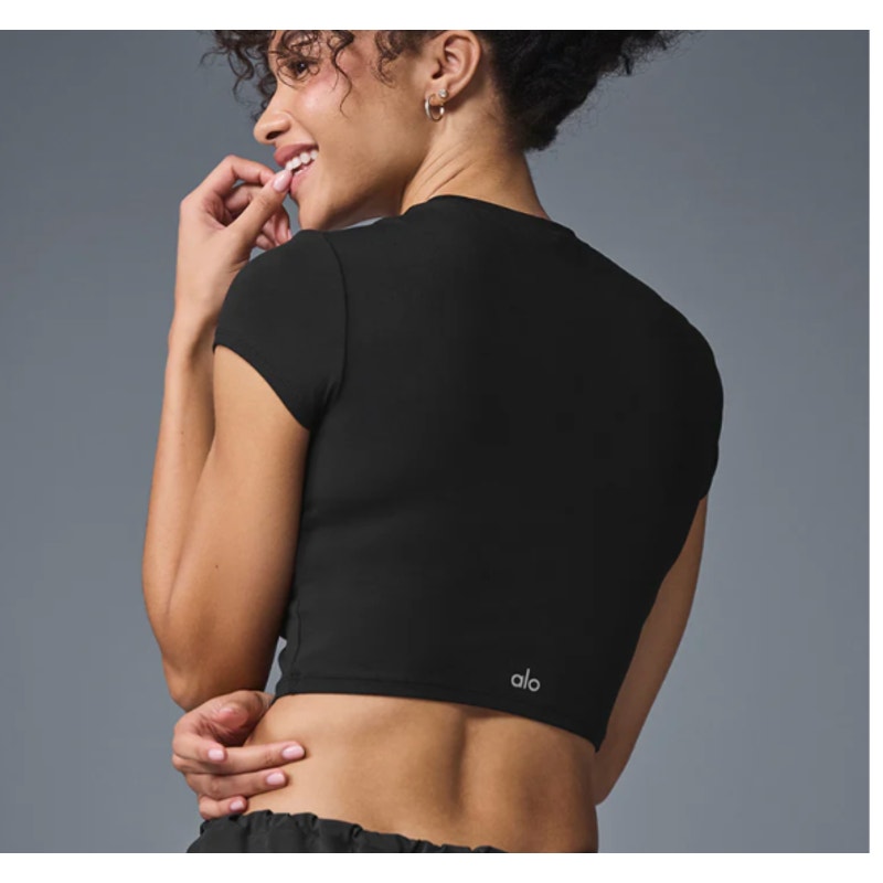 Alo Alo Alosoft Crop Finesse Short Sleeve Tee Shirt Top Black Small