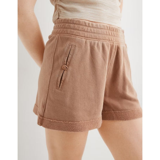 Aerie High Waisted Chillax Fleece Terry Shorts Tan Brown Small