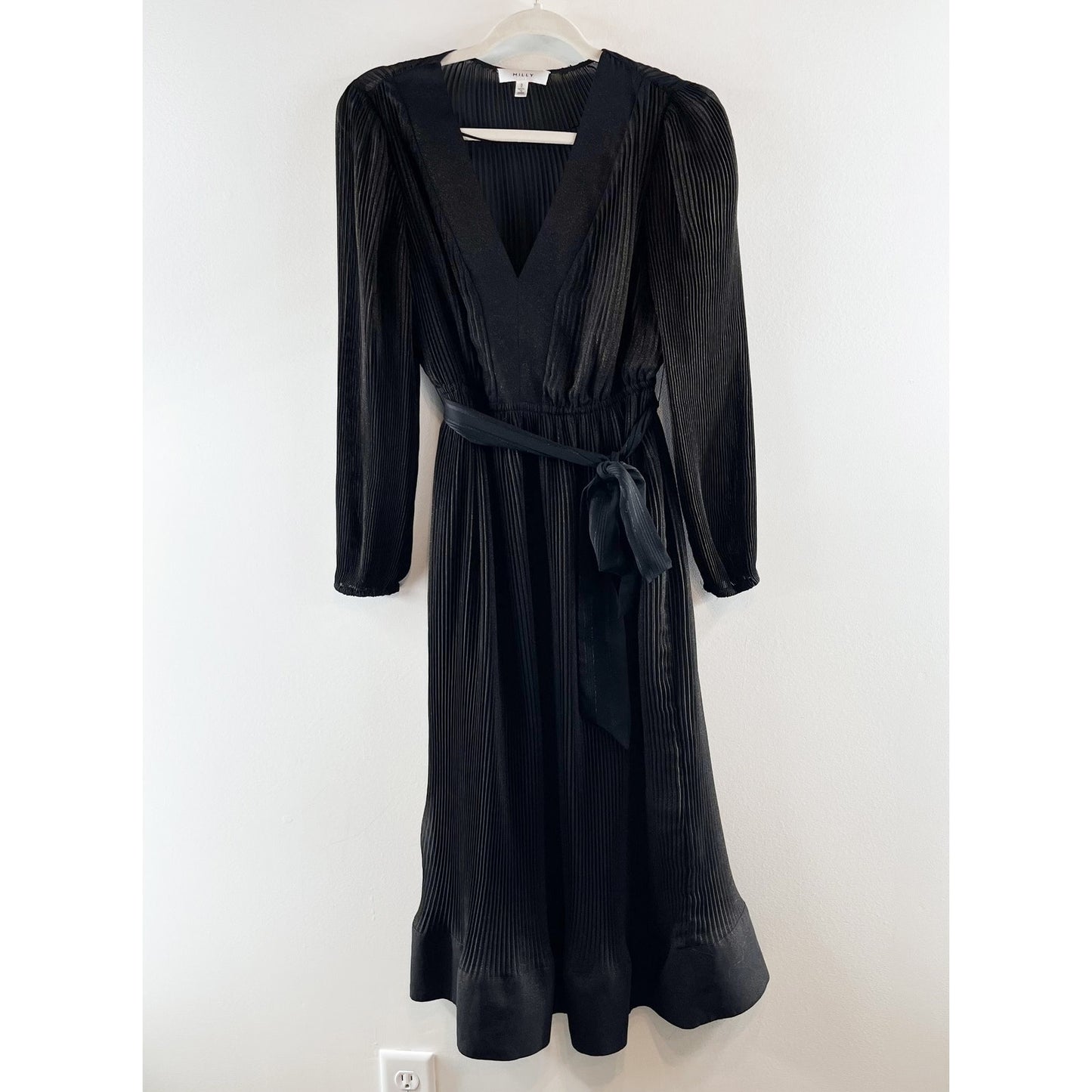 Milly V Neck Long Sleeve Pleated Liv Belted Mini Dress Black 0