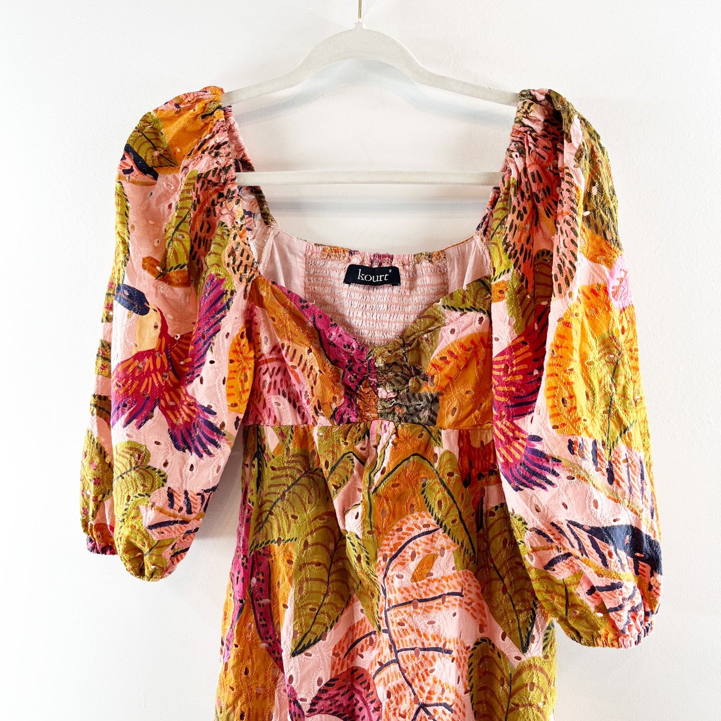 Kourt Robbie Floral Puff Sleeve Mini Dress Red Pink Orange Small