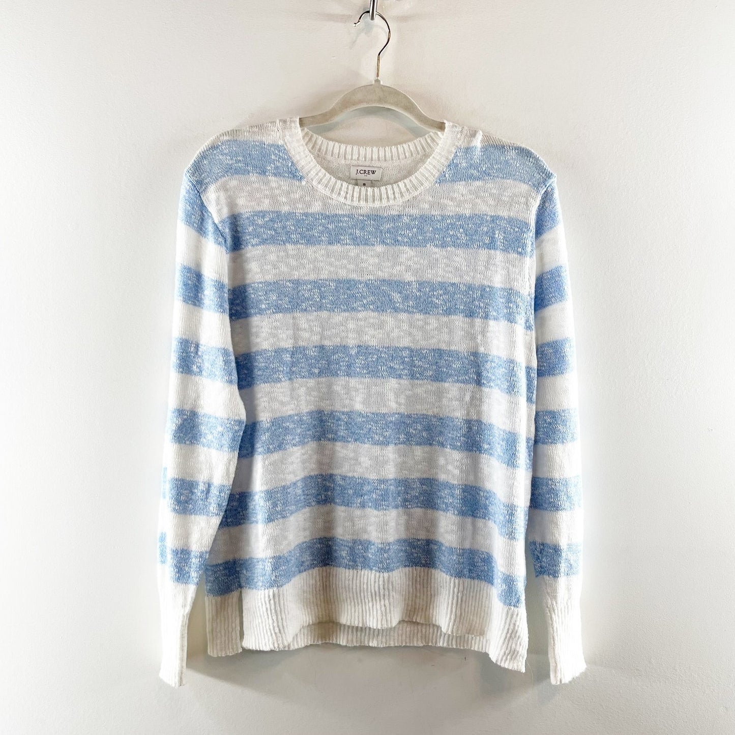 J.Crew Striped Long Sleeve Crewneck Beach Pullover Sweater White Pale Cerulean S