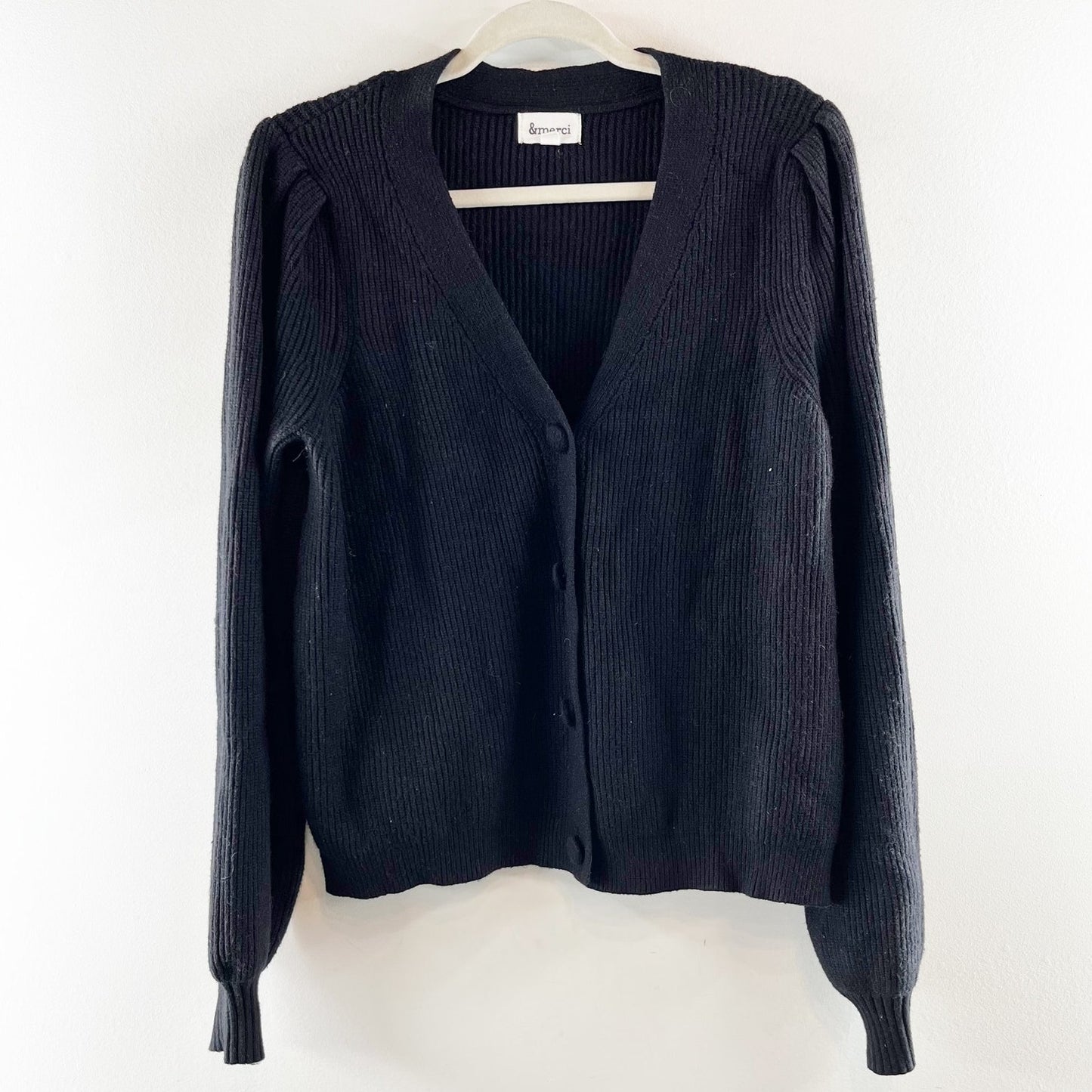 &Merci Puff Sleeve Ribbed V Neck Button Front Knit Cardigan Sweater Black Medium