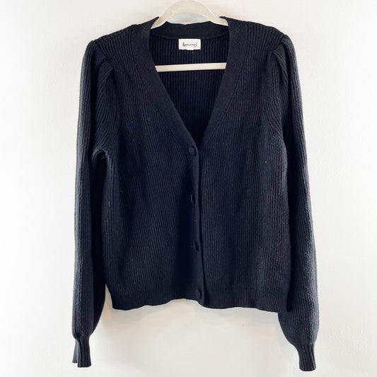 &Merci Puff Sleeve Ribbed V Neck Button Front Knit Cardigan Sweater Black Medium