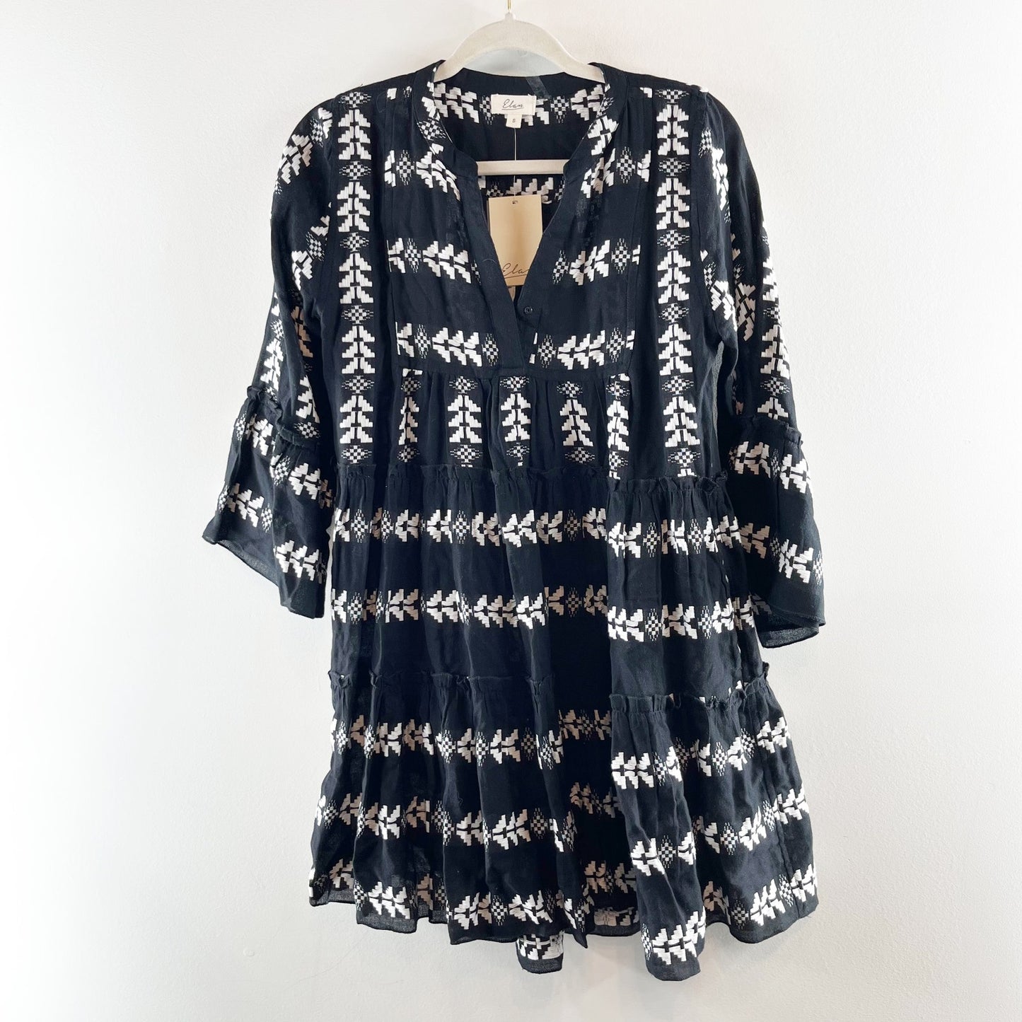 Elan 3/4 Bell Sleeve Embroidered Mini Arrow Swing Babydoll Dress Black White