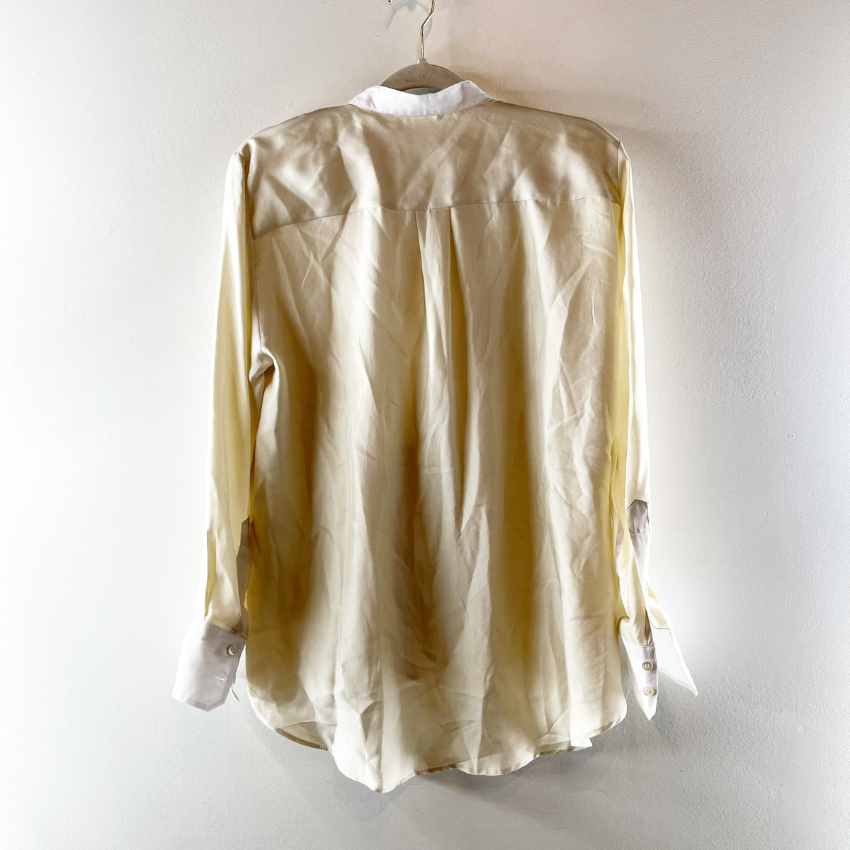 ZARA Silk Long Sleeve Bib Button Down Blouse Shirt Champagne Tan White Small