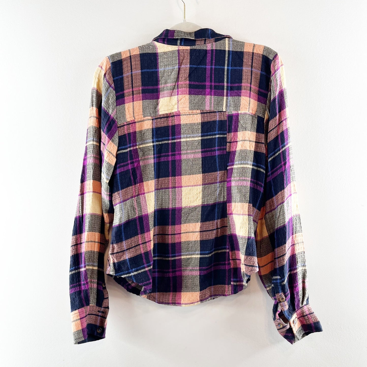 Anthropologie Pilcro Ruched Deep V Plaid Buttondown Shirt Purple Medium