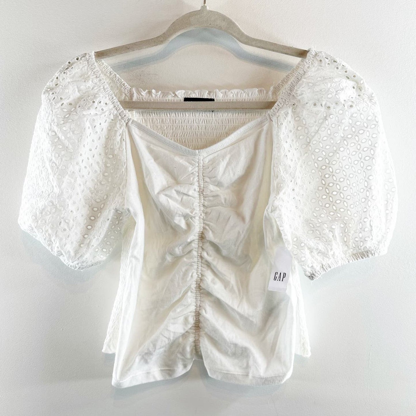 GAP Eyelet Puff Sleeve Ruched Bodice Sweetheart Neckline White Top Small