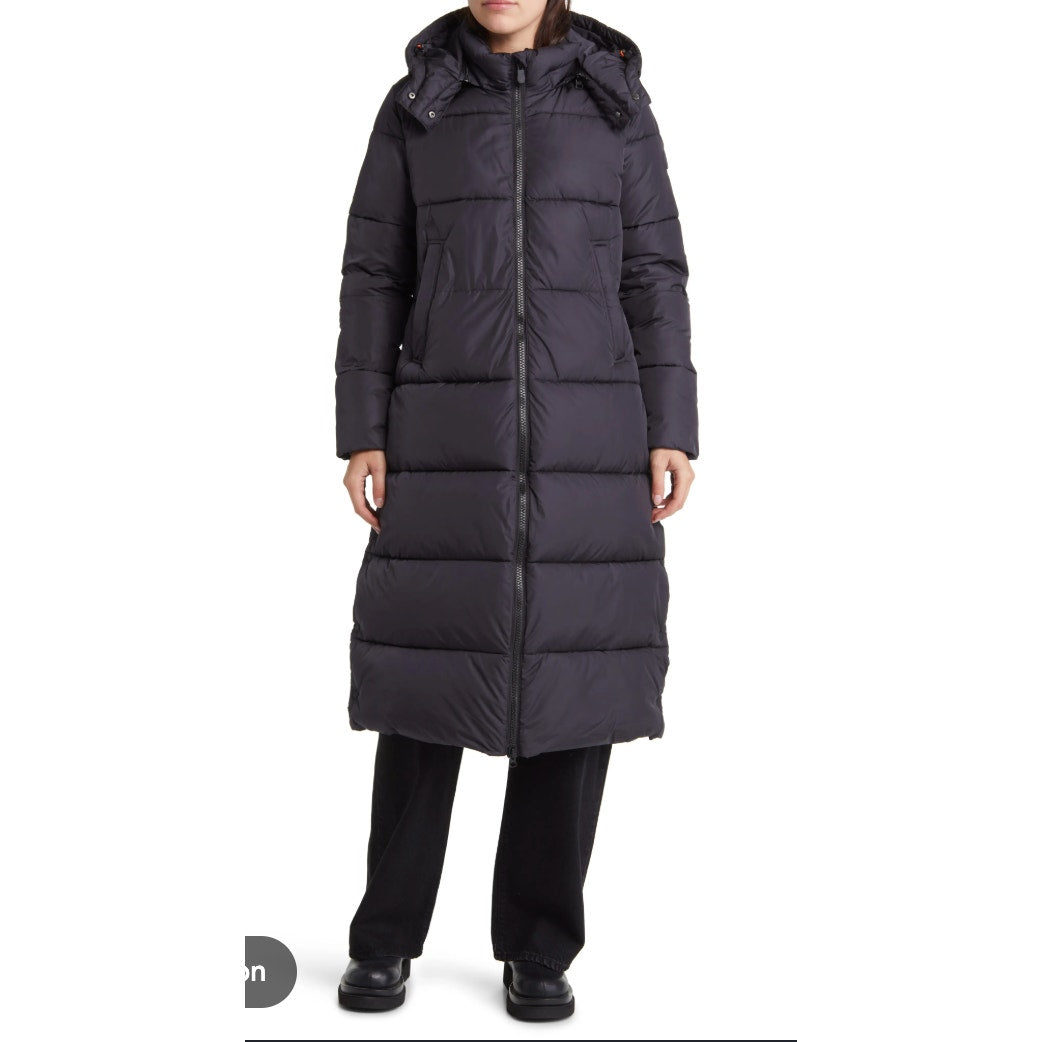 Save The Duck Colette Long Midi Puffer Coat Parka Black XS