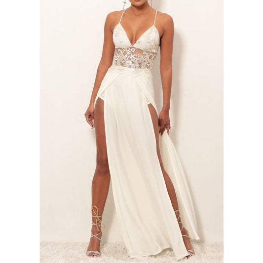 Lucy in the Sky Tulum Lace Double Slit Maxi Dress White XS