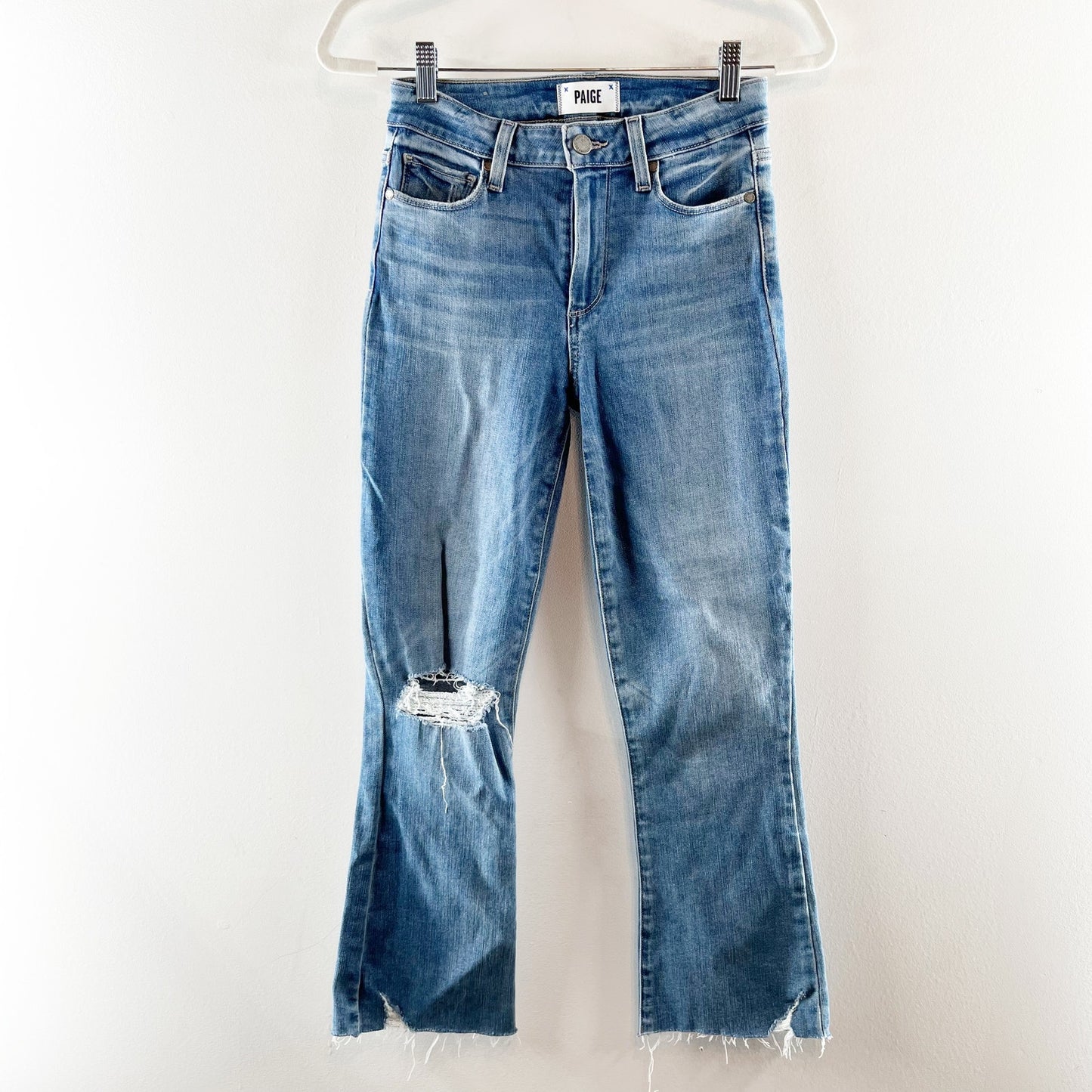 Paige Rory Mid Rise Cropped Flare Leg Ripped Knee Distressed Jeans Blue 25