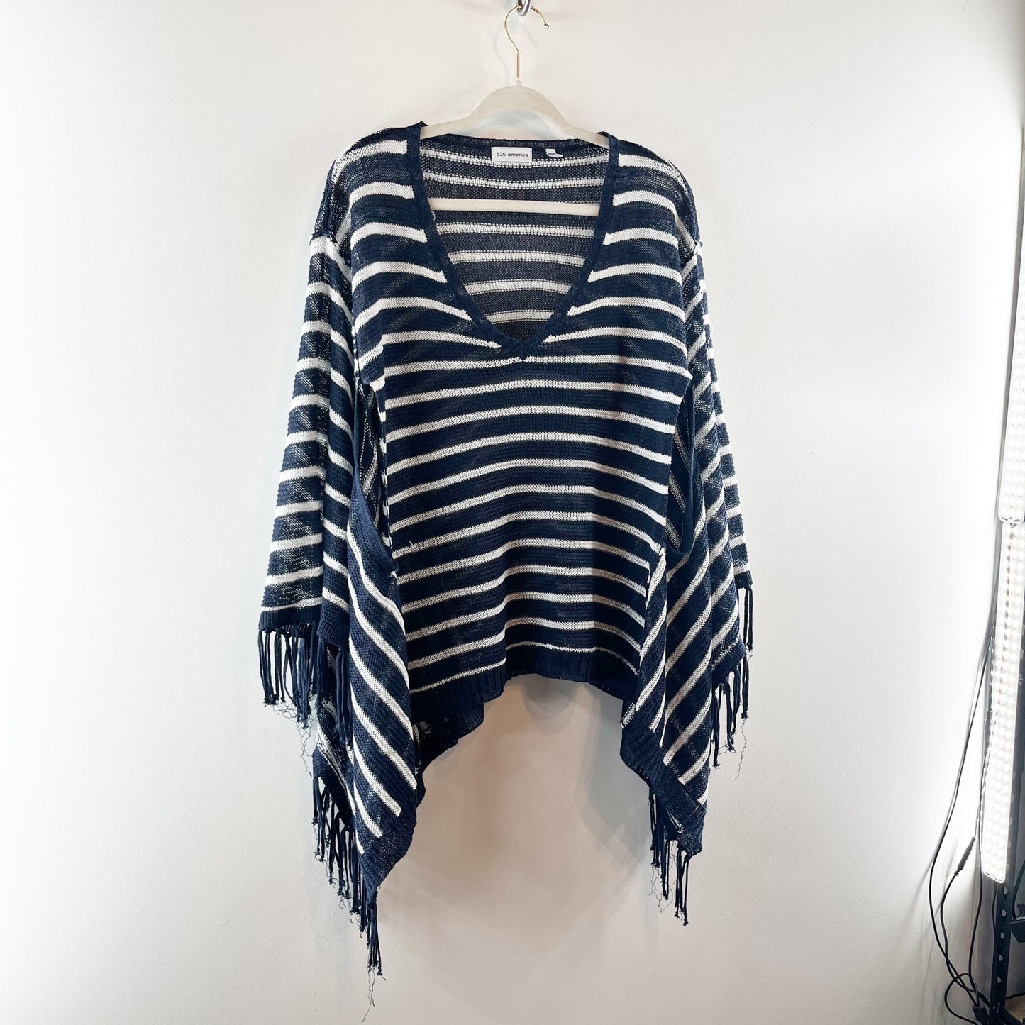 525 America Linen Striped Fringe Trim Poncho Sweater Navy Blue White XS / S