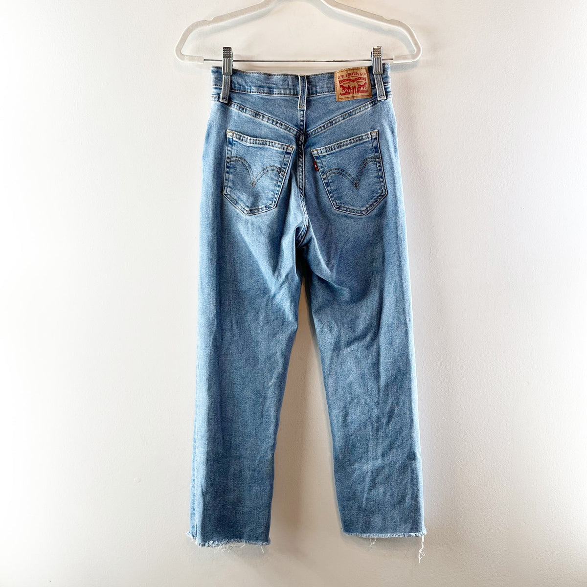 Levi's Ribcage High Rise Straight Leg Distressed Jeans Light Wash Blue 26